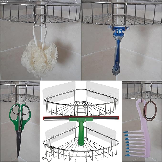 Shower Caddy with Hooks - 4 Pack Silver Razor Hanger and Loofah Holder