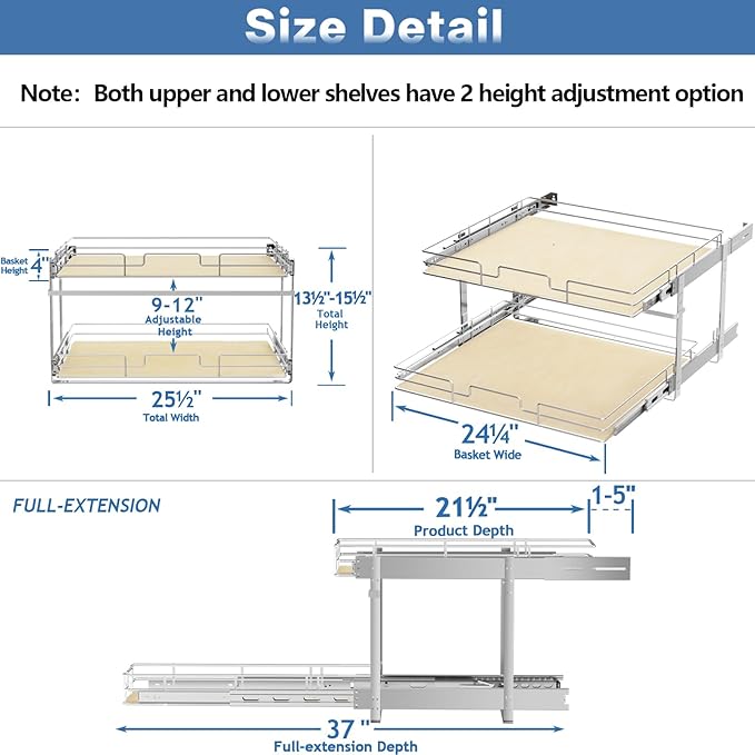 ROOMTEC 2 Tier Individual Pull Out Cabinet Organizer 25½"W x 21½"D, Slide Out Wood Shelves Organizers, Pull Out Drawers Organization and Storage for Kitchen Cabinet