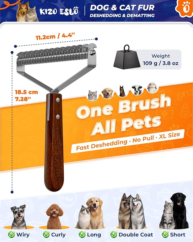 Extra Large 2-Sided Undercoat Rake for Dogs & Cats, Dog Brush for Shedding Remove Mats, Dematting Comb, Safe&Gentle Grooming Brush for German Shepherds Medium to Long-Haired Pets,Premium Wooden Handle