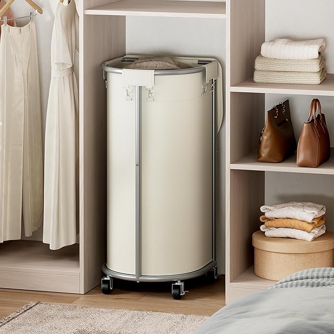 Chrislley Laundry Hamper with Wheels and Lid, 100L Rolling Laundry Basket, Half Round Laundry Cart with Removable Bag and Iron Frame, Dirty Clothes Hamper Organizer for Home, Dorm, Hotel, Beige