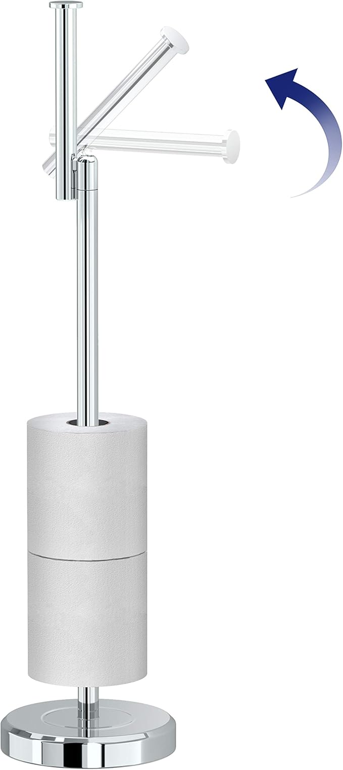 Gatco 1448C Latitude II Freestanding Toilet Paper Holder with Storage, Bathroom Tissue Stand, Chrome, 22.25" H, Holds 1–4 Reserve Rolls, Weighted Base