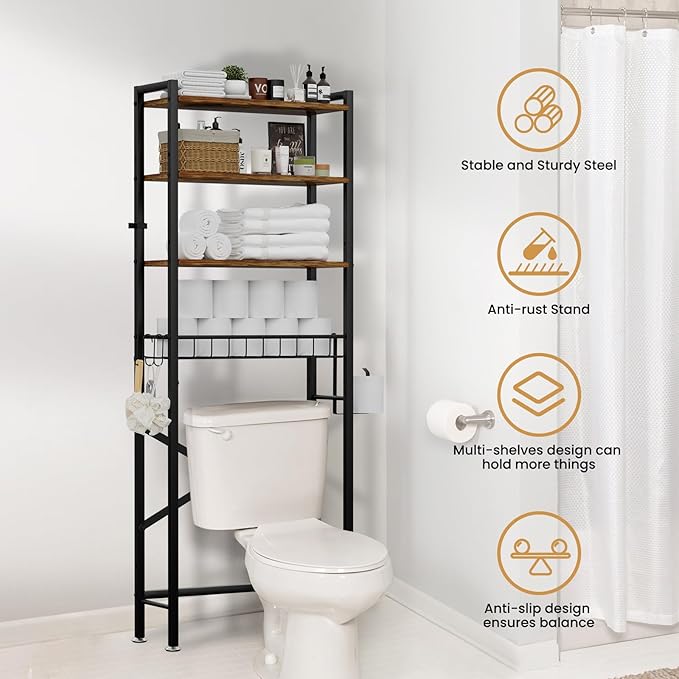 Over The Toilet Storage Cabinet, 4-Tier Bathroom Organizers and Storage with Adjustable Shelves, Freestanding Over-The-Toilet Shelf for Restroom, Laundry, Rustic Brown