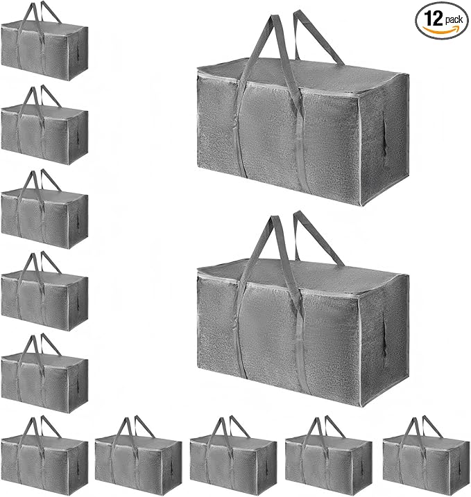 12 Pack-Extra Large Heavy Duty Moving Bags - Waterproof Storage Totes with Handles & Zippers, Foldable for College Dorm, Storage (Gray)