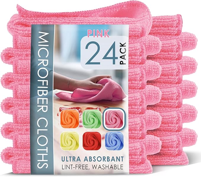 Hearth & Harbor Microfiber Cleaning Cloth Microfiber Towels for Cars 24 Pack Washcloths Pink Cleaning Rags Reusable Microfiber Towel Microfiber Cloth Rags Lint Free Cloth 12Inchesx12Inches