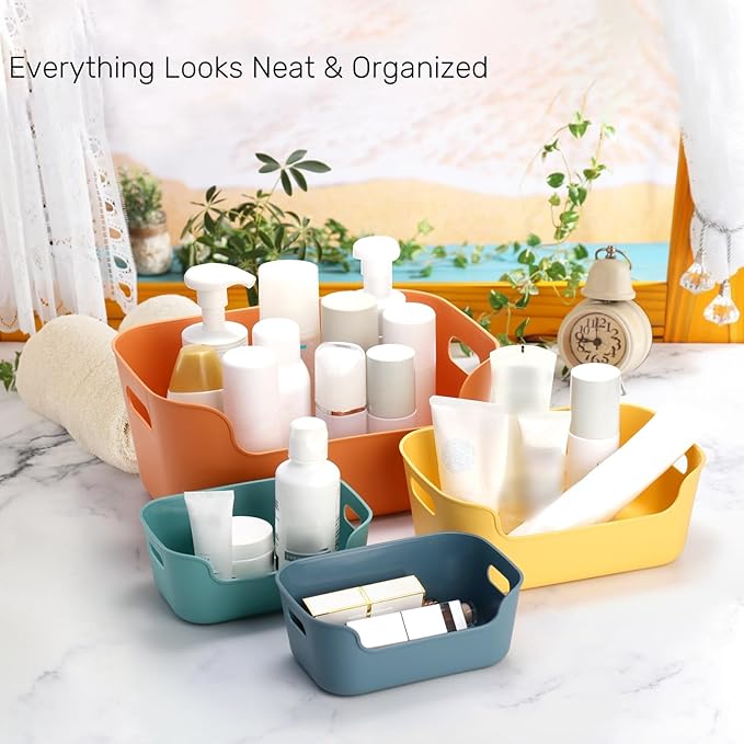 12 Pack Plastic Storage Bins and Baskets, Classroom Organizer Bins with Built-in Handle, Household Colorful Pantry Shelf Organization Container for Office Bedroom Countertop, 3 Sizes