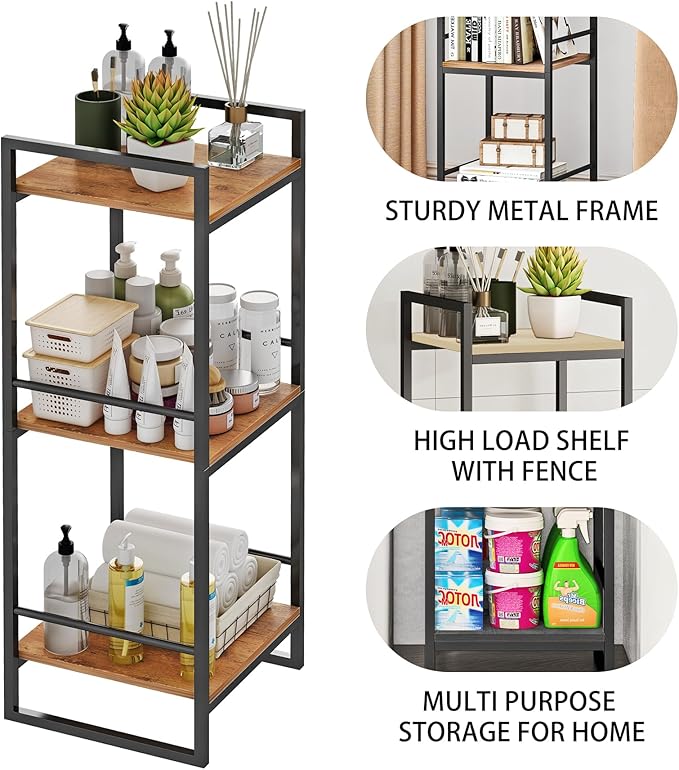BYFU 3 Tier Bathroom Storage Open Shelf, Freestanding Metal Corner Storage Rack Shelving Unit for Bathroom Kitchen Living Room Hallway, Rustic Brown
