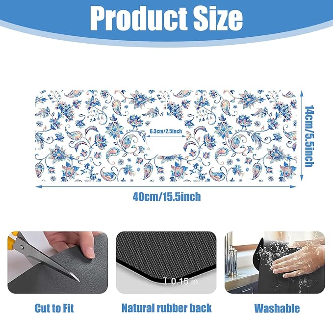 Sink Splash Guard Faucet Mat Paisley Flowers Tulips Leaves Absorbent Fast Drying Mat Sink Gadgets Splash Guard Behind Faucet Drip Catcher for Kitchen Bathroom 15.5"X5.5"