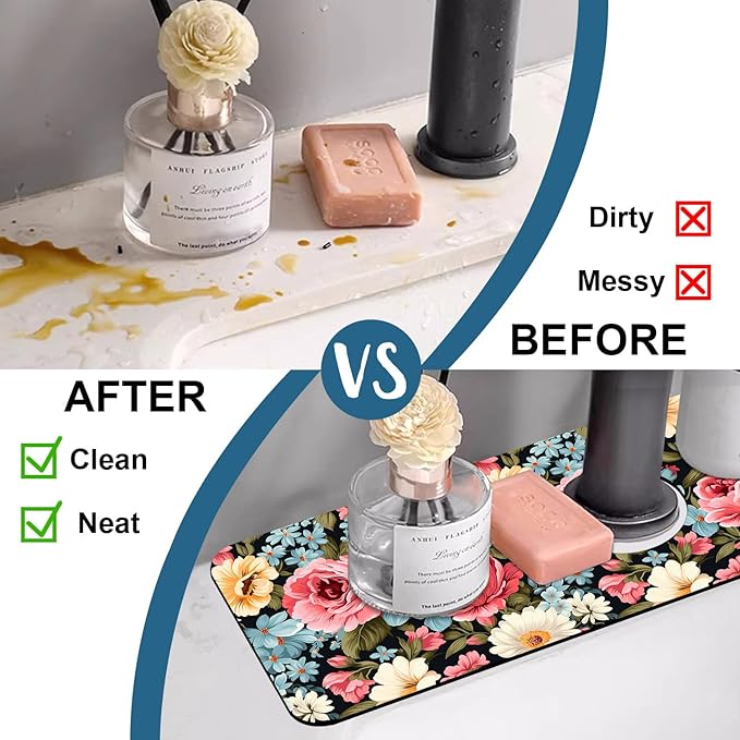 Colorful Flowers Sink Splash Guard Vintage Floral Faucet Absorbing Mat Fast Drying Mat Sink Gadgets Splash Guard Behind Faucet Drip Catcher for Kitchen Bathroom, 15.5"x5.5"