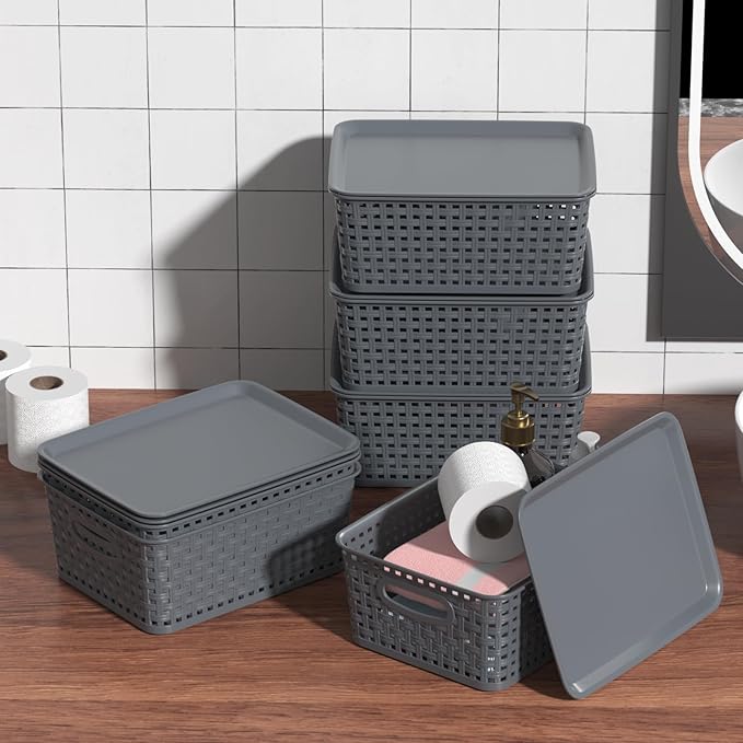 6-Pack Small Plastic Woven Storage Basket with Lid, Stackable Organizer Basket Bin, Grey