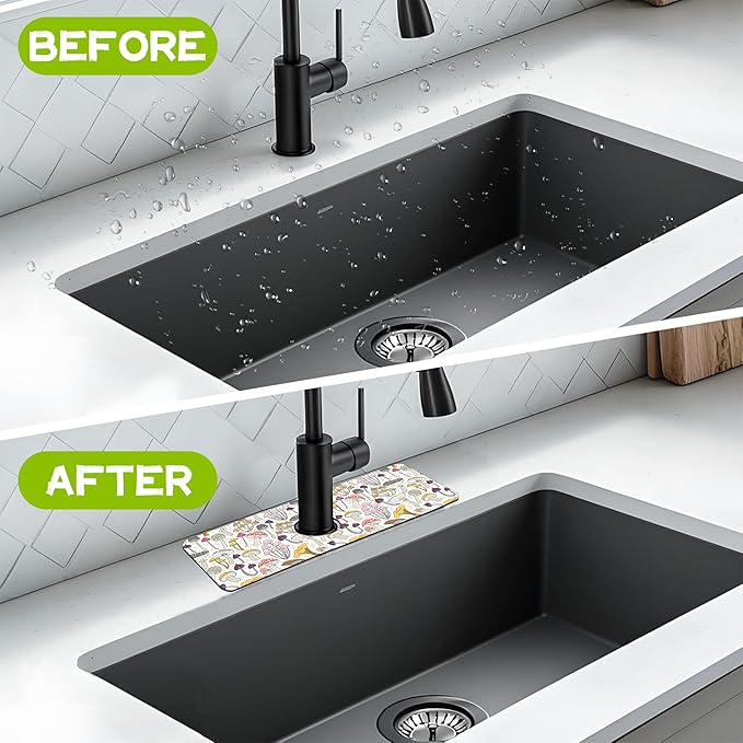 Kitchen Sink Splash Colorful Mushrooms Guard Faucet Mat Super Absorbent Fast Drying Mat Guard Behind Faucet Drip Catcher for Kitchen Bathroom, 15.5"X5.5"