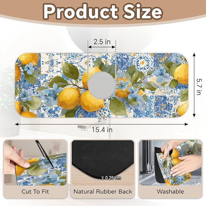 Lemon Sink Faucet Absorbing Mat, Blue Flower Kitchen Faucet Pad, Fresh Sink Splash Guard, for Bathroom Kitchen Sink Faucet Mat Drying Mat 15.4"x5.7", Home Decoration Present