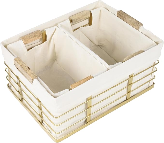 happimess BSK3002D-3SET Callan Vintage Industrial Wire Metal Nesting Storage Baskets with Wood Handles and Fabric Liner for Shelves, Cabinets, Pantry, Countertop, Mesh Open Bin, Gold (Set of 3)