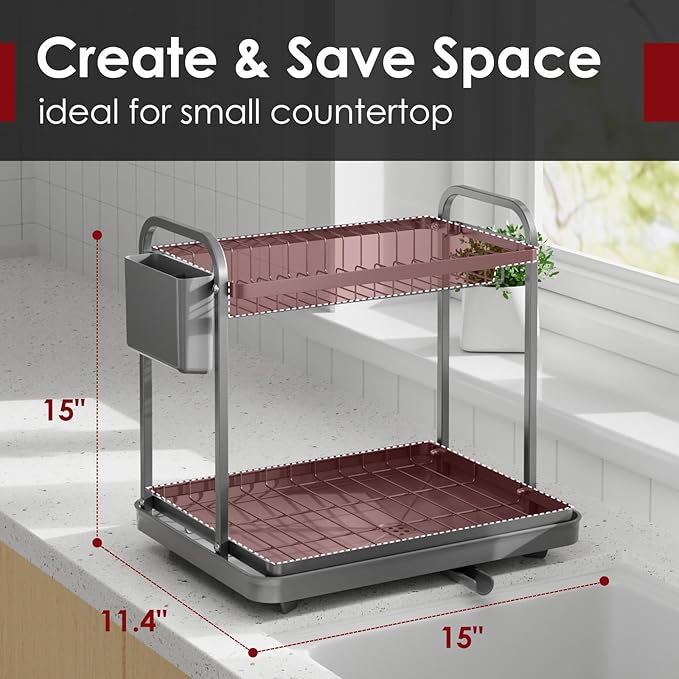 2-Tier Dish Drying Rack - Stainless Steel Dish Rack with Cutlery & Utensil Holders for Kitchen Counter, Sink Organization and Storage for Small Family, 15" W x 11.4" L x 15" H, Gray