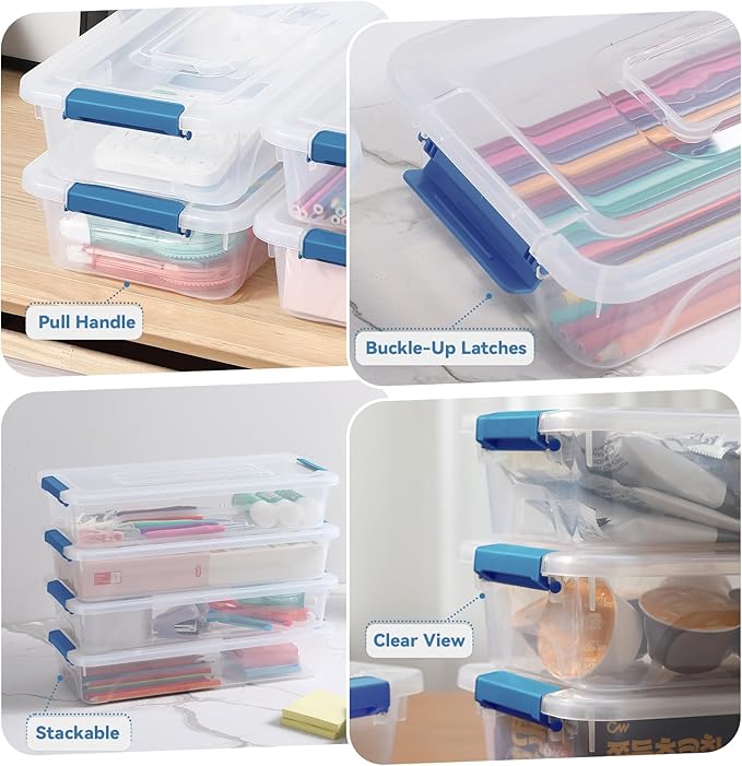 novelinks Clear Stackable Storage Bins with lid Storage Boxes Durable Plastic Organizer Containers for Home Office, Kitchen, Craft Supplies (4 Quart 8 Pack Blue)