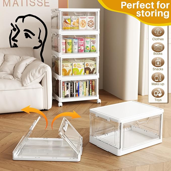 SNSLXH Portable Clear Storage Bins with Lid & Wheels, 24QT Clear Storage Bins with Lid, 4-Tier Plastic Bins with Wheels, Stackable, Magnetic Doors, for Bedroom, Living Room, Office