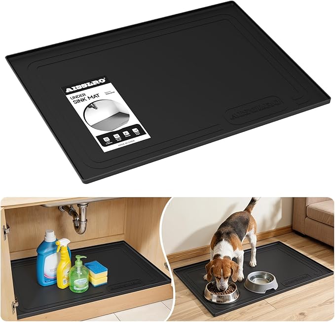 Aisslro Under Sink Mat 34" X 22", Waterproof Silicone Cabinet Organizer Protector with Raised Edge, Kitchen & Bathroom Leak Tray, Shelf Liner & Pet Feeding Mat for Dog Cat Food Mats, Black