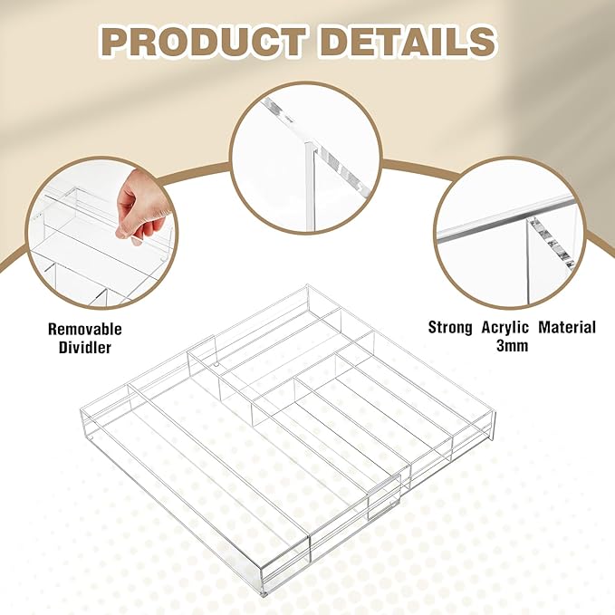 2 Pcs Acrylic Drawer Organizer 9'' up to 18'' x 15'' x 2'' Expandable Drawer Organizer Pens Notebook Ruler Makeup Tray with 7 Adjustable Compartments for Desk Office Kitchen Bathroom(Clear)