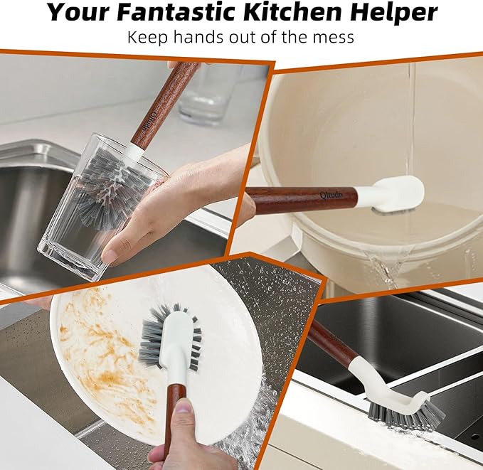4-Pack Heavy Duty Scrub Brushes with 11" Sapele Wood Handle – PBT Bristles & TPR Loop – Kitchen, Bathroom, Grout, Dish & Tile Cleaner – Durable Non-Slip Multi-Surface Cleaning Brush Set