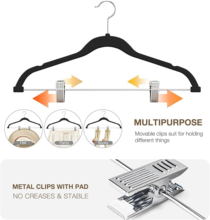 Korpai 36-Pack Black Velvet Hangers with Clips Adjustable,Adult Hangers,Outfit Hanger,Heavy-Duty,Felt,Non-Slip,Space Saving, for Pants, Skirts, Suits,Coats, Dresses ect.