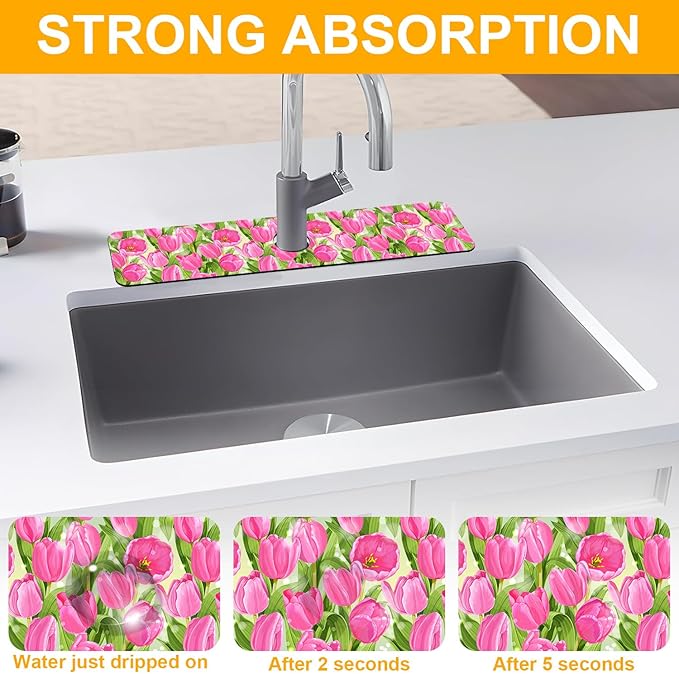 2 Pack Watercolor Tulips Sink Faucet Absorbing Mat Pink Tulips Super Absorbent Fast Drying Mat Sink Gadgets Behind Faucet Sinkmat for Kitchen Bathroom, 23.5"x5.5"