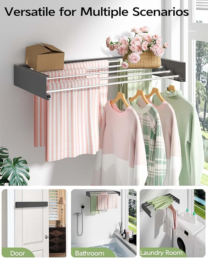 Vikaqi Wall Mounted Clothes Drying Rack 32", Foldable Wall Mount Laundry Rack Folding Indoor, Drying Rack Clothing Collapsible, Hidden Space Saver with Wall Template, 5 Rods, Black