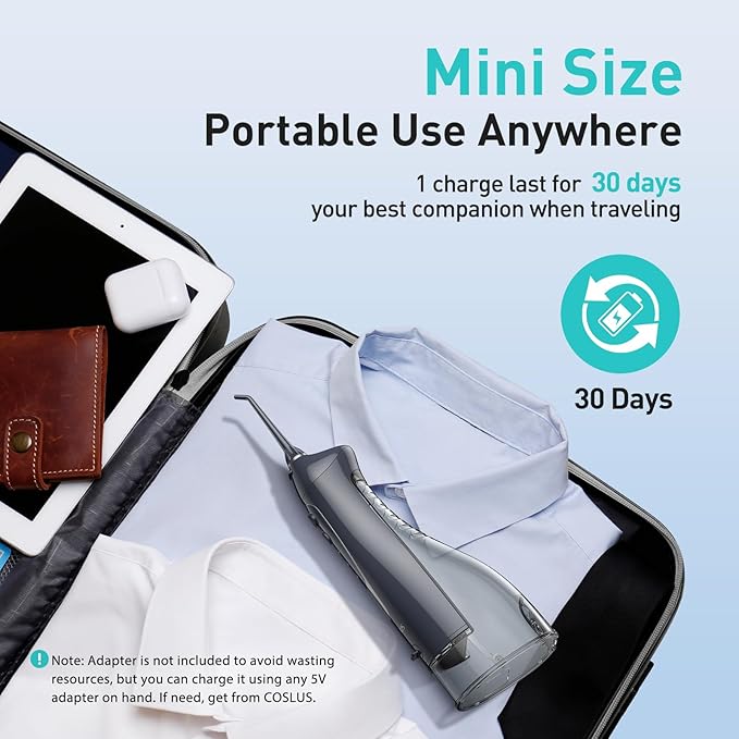COSLUS Water Dental Flosser Teeth Pick C20(F5020E): Portable Cordless Oral Irrigator 300ML Rechargeable Travel Irrigation Cleaner IPX7 Waterproof Electric Flossing Machine for Teeth Cleaning, Grey