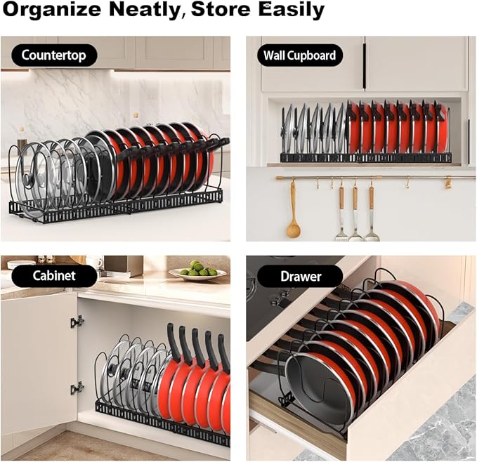 Housolution 2 Pack Pot and Pan Organizer Rack, 12"-23" Expandable Pot Lid Organizer with 14 Adjustable Dividers, Pan Holder Storage Rack for Kitchen Cabinet, Black