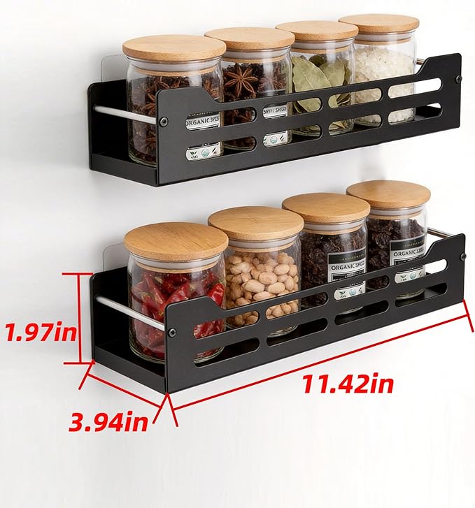 GELYA 4 Pack Wall Mounted Spice Rack, Space-Saving Metal Spice Organizer, Screw/Adhesive Hanging Seasoning Rack for Kitchen Wall, Cabinet & Pantry Door, One-Piece Formed