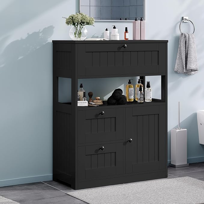 Storage Cabinet, Modern Bathroom Floor Storage Cabinet Organizer with 1 Door and 3 Drawers, Freestanding Cupboard for Kitchen/Living Room Use