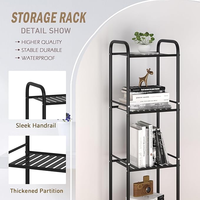 JSB 5 Tier Narrow Bathroom Shelving Unit, Kitchen Storage Rack Organizer Metal Corner Shelf for Living Room Laundry Pantry (Matte Black, 5 Tier)