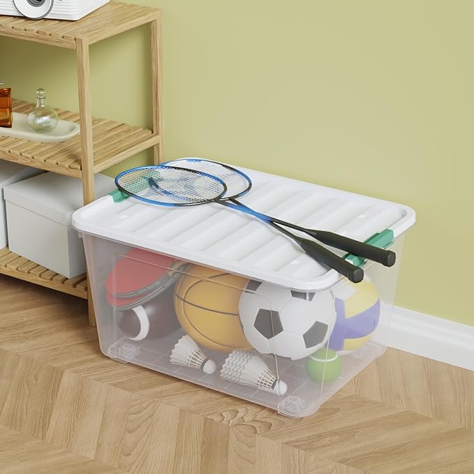 Haodehen 4-Pack Clear Plastic Storage Box with Wheels, 85 Quart Large Plastic Storage Bins with Latch Lids