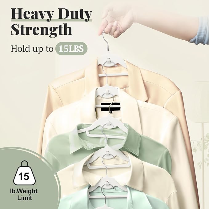 Velvet Hangers 50 Pack, S-Shaped and Stackable Non Slip with 360°Swivel Hook, Ultra Thin and Space Saving Flocked, for Suits, Shirts, Coats, 15Lbs Capacity Heavy Duty, White