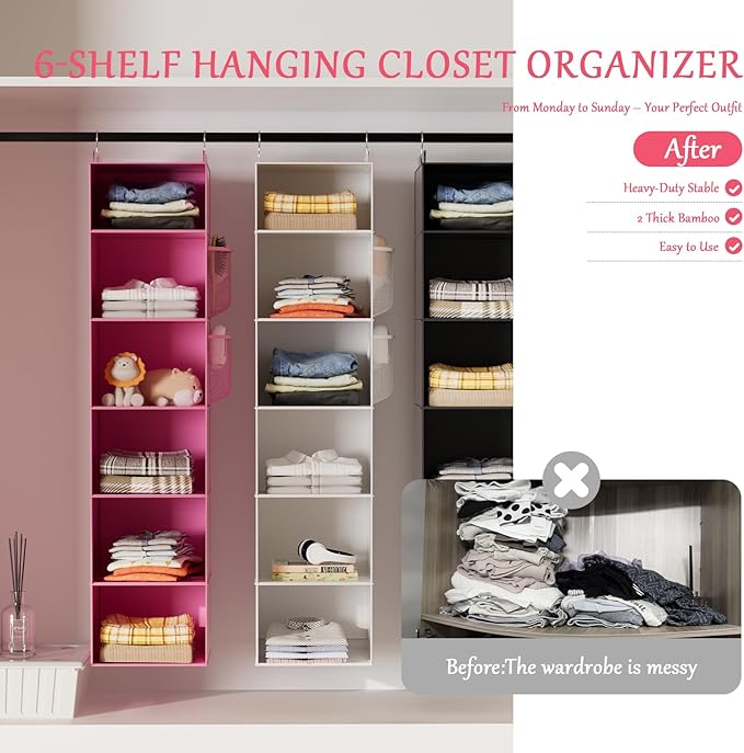 VERONLY Hanging Closet Organizer and Storage with Bamboo Support, 6-Shelf Closet Hanging Storage Shelves, Closet Organizers Easy Mount Foldable for Bedroom (Pink)