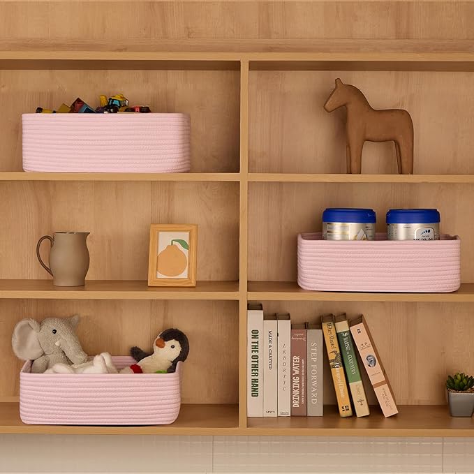 Large Shallow Organizing Baskets 15x11x5.1 Inches - Rope Woven Storage Bins for Bathroom, Shelves, Cube Closet, Light Pink 4 Packs