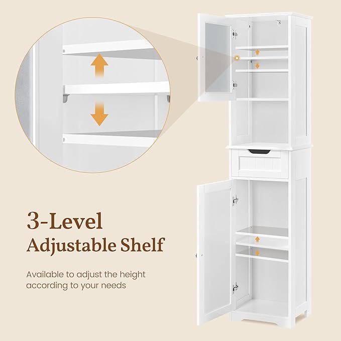 Yaheetech 67” Tall Bathroom Storage Cabinet,Narrow Floor Cabint with 2 Doors and 1 Drawer,Slim Bathroom Organizers,Adjustable Shelves,Storage Unit for Living Room, Entryway,Kitchen,White