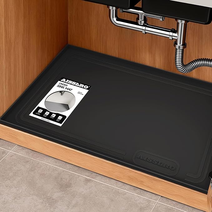 Aisslro Under Sink Mat 22" X 19", Waterproof Silicone Cabinet Organizer Protector with Raised Edge, Kitchen & Bathroom Leak Tray, Shelf Liner & Pet Feeding Mat for Dog Cat Food Mats, Black