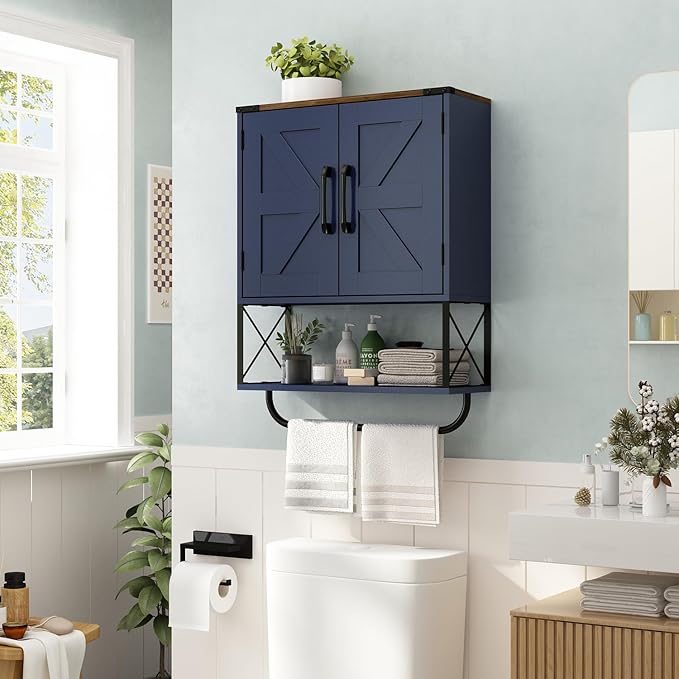 RUSTOWN Farmhouse Medicine Cabinet with 2 Barn Door, Boho Wood Wall Mounted Storage Cabinet with Adjustable Shelf and Towel Bar, 3-Tier Bathroom Cabinet for Bathroom (Navy Blue and Walnut)