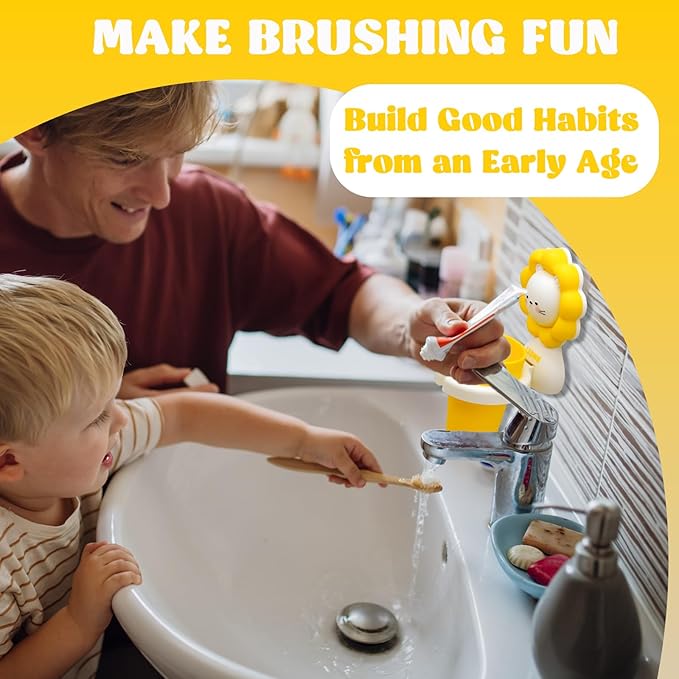 Cute Kids Toothbrush Holder with Cup & Toothpaste Wall Mounted, Adhesive Bathroom Organizer - Kids Bathroom Decor Accessories, Animal Toothbrush Holders for Kids - Yellow Lion
