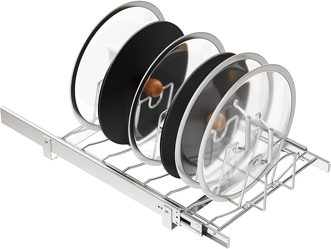 Slide Out Pot Lid Organizer Under Cabinet, Wire Dividers Kitchen Pull Out Pot Lid Storage Rack Holder, Full-Extension Rail 15" W*22" D