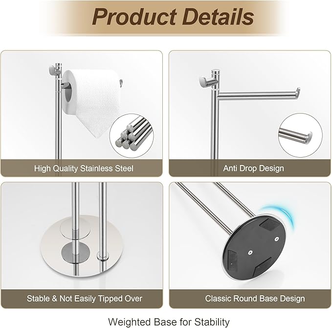 BVL Toilet Paper Holder Stand with Hook, Brushed Nickel Stainless Steel 304 Weighted Toilet Paper Holder Stand, Bathroom Freestanding Toilet Paper Holder Holds 5 Rolls