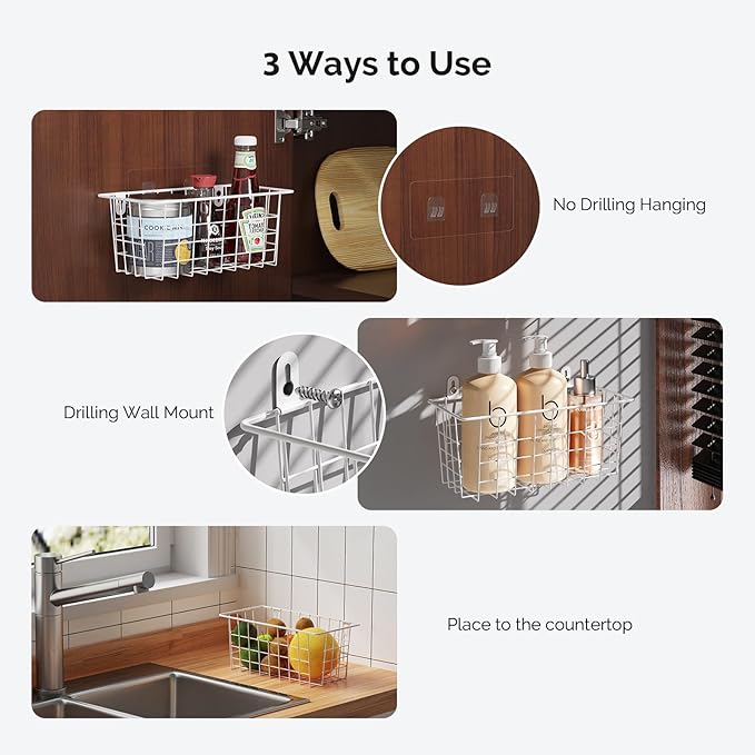 MaraFansie Hanging Wire Baskets Kitchen Storage Basket Adhesive and Screws Basket Over the Cabinet Door Organizer with Adhesive Strips and Screws Accessories, White, 4 Pack