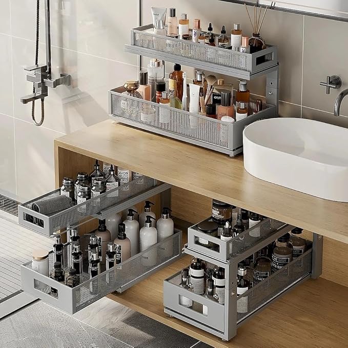 Corbyles 2 Pack 21.3IN-Depth Under Sink Organizer with Next-Gen Ball-Bearing Slides,2-Tier Pull Out Cabinet Storage,Height Adjustable Drawer Shelf for Bathroom,Kitchen,Laundry,Cabinet,Pantry-Gun Gray