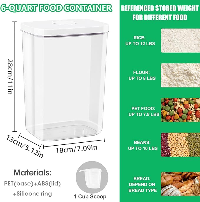 TBMAXS Airtight Flour Rice Storage Container with Pop-up Lid - 6 Qt | 11 Lbs Crystal-Clear Plastic Bread Container, Tall and Slim Storage Bin Fit for Kitchen Pantry Organization