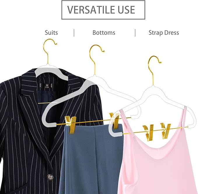 MIZGI Slim Clear Gold Pants & Skirt Hangers (20 Pack) – Adjustable Clips & Hooks, Transparent Non-Felt, Space-Saving for Dresses, Shirts, Blouses