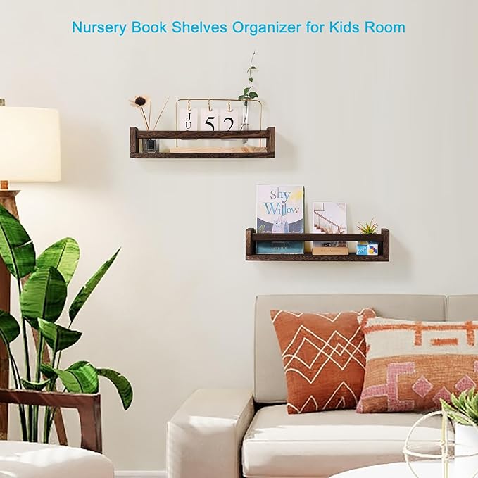Nursery Book Shelves, Set of 2 Wood Floating Book Shelves for Kids Room, Kitchen Spice Rack, or Rustic Wall Mounted Shelves for Farmhouse Bathroom Décor (Carbon Brown)