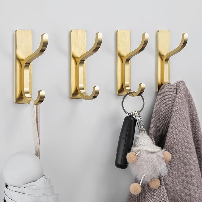 niffgaff Wall Hooks for Coat and Towel: 13lb Adhesive Door Hanger Stick On, Sticky Hook for Wall, Closet, Bathroom - Stainless Steel, Brushed Gold, 6 Pack