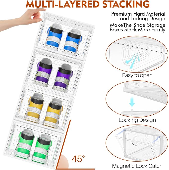 caktraie 10 Pack Thicken Shoe Organizer Stackable,Upgraded Sturdy Shoe Storage Box with Magnetic Door,Shoe Containers For Sneaker Display,Hat Organizer,White