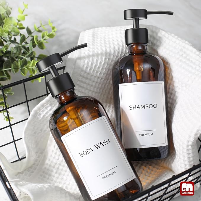 GMISUN Amber Glass Soap Dispenser, 2 Pack Bathroom Hand Soap Dispensers with Stainless Steel Flat Pump, 17 Fl Oz Kitchen Dish Soap Dispenser, Modern Vintage Liquid Brown Soap Dispensers Bottle Set