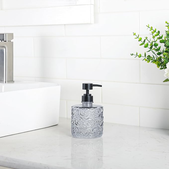 Marcella Glass Soap Dispenser with Soap Pump, Refillable 14 Ounce Capacity, Floral Design Rose Patterns, Heavy Weight Thick Glass for Bathroom, Premium Kitchen Soap Dispenser Gray