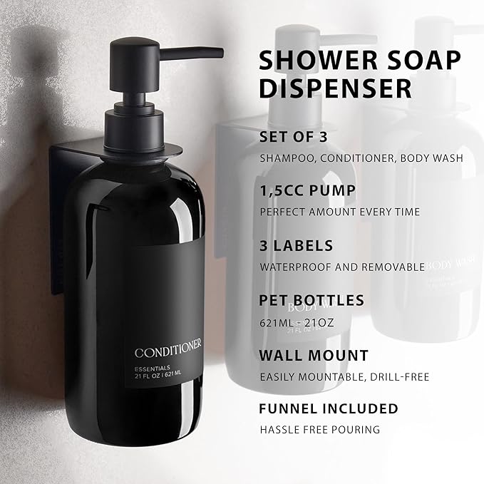 Stylish Shampoo and Conditioner Dispenser Set of 3 for Wall Mount - Modern Drill Free 21oz Shower Soap Bottles with Labels - Easy Refill Body Wash Dispensers for an Instant Bathroom Decor Upgrade